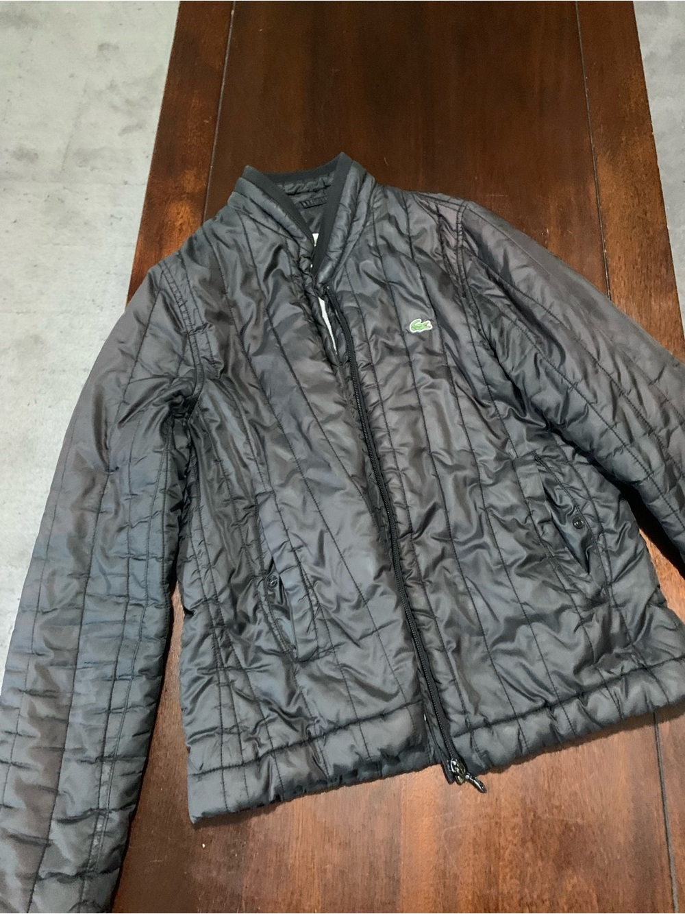 Lacoste Black Quilted Bomber Jacket with Green Crocodile